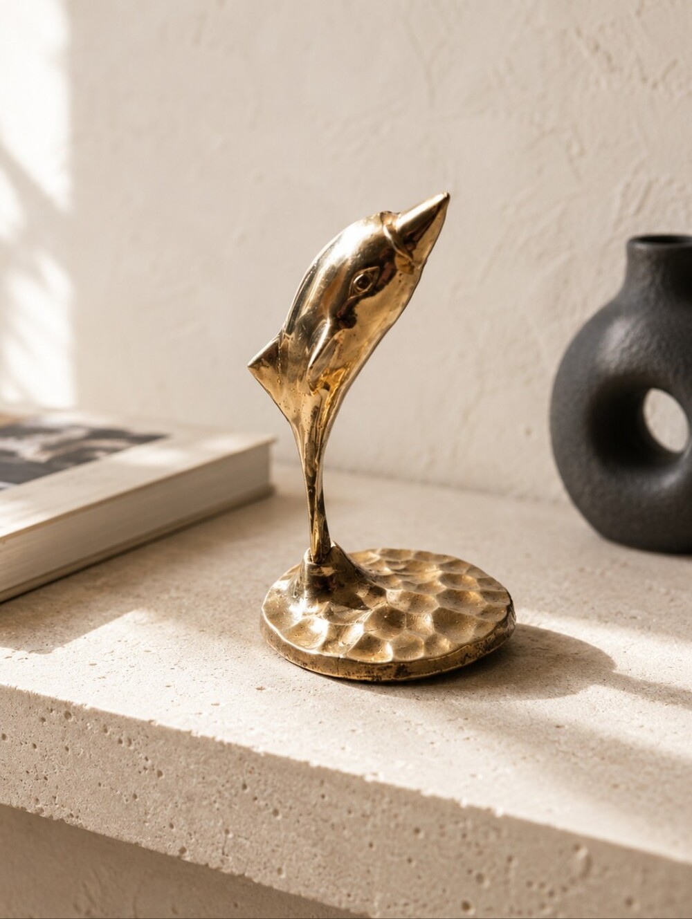 Vintage Solid Brass Dolphin Sculpture Hammered Base Made in India 5"